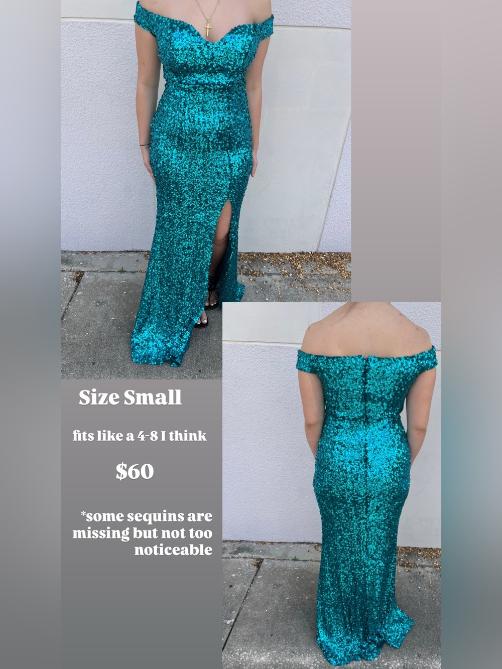 Off-Shoulder Teal Sequin Pageant Dress with Side Slit